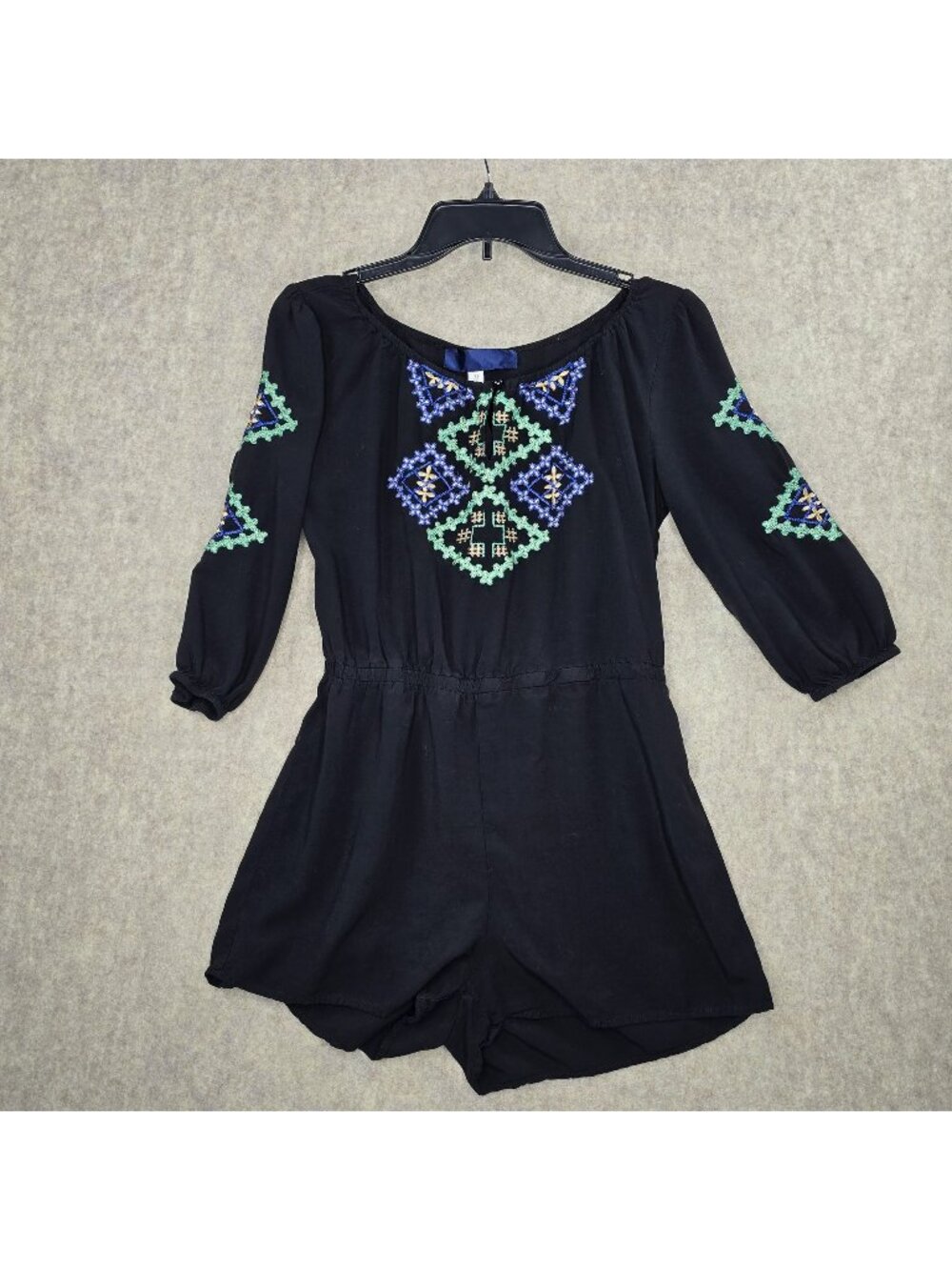 Black Womens Embroidered Romper With 3/4 Sleeves Size M Boho Style Elastic Waist
